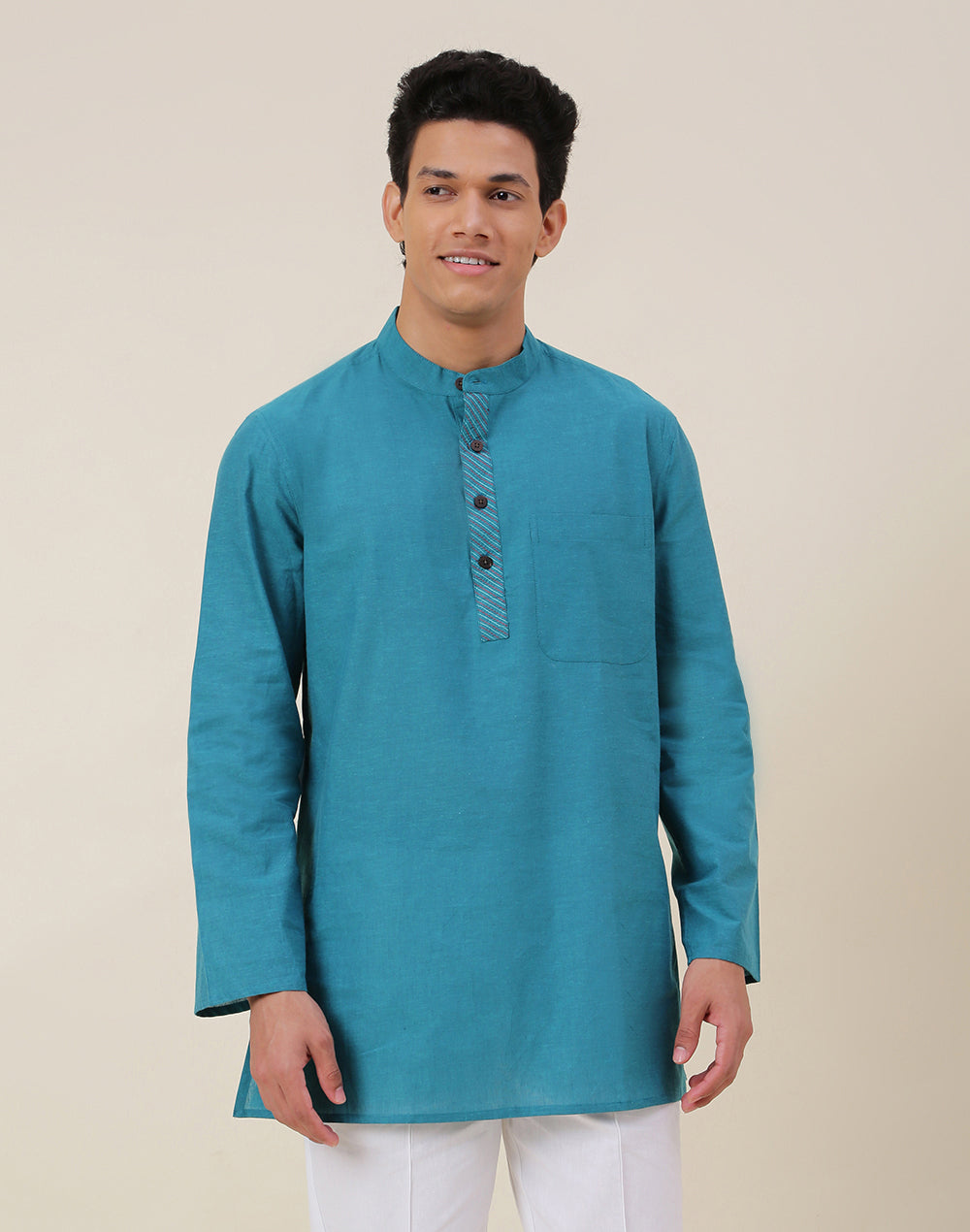 Teal Cotton Woven Short Kurta