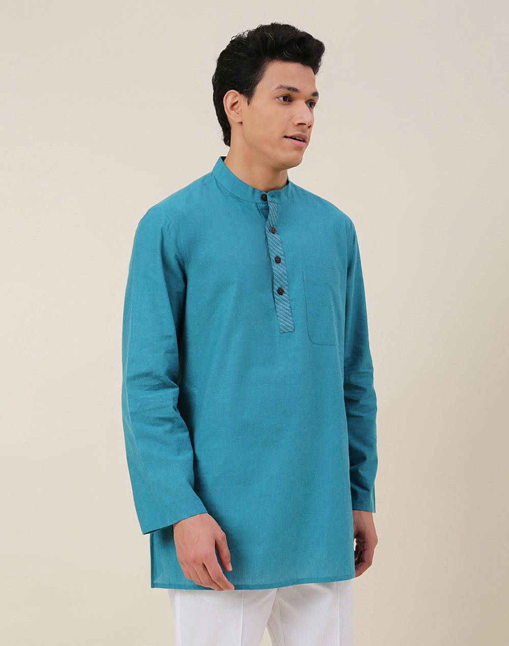 Teal Cotton Woven Short Kurta