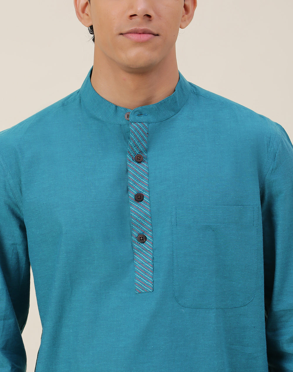 Teal Cotton Woven Short Kurta