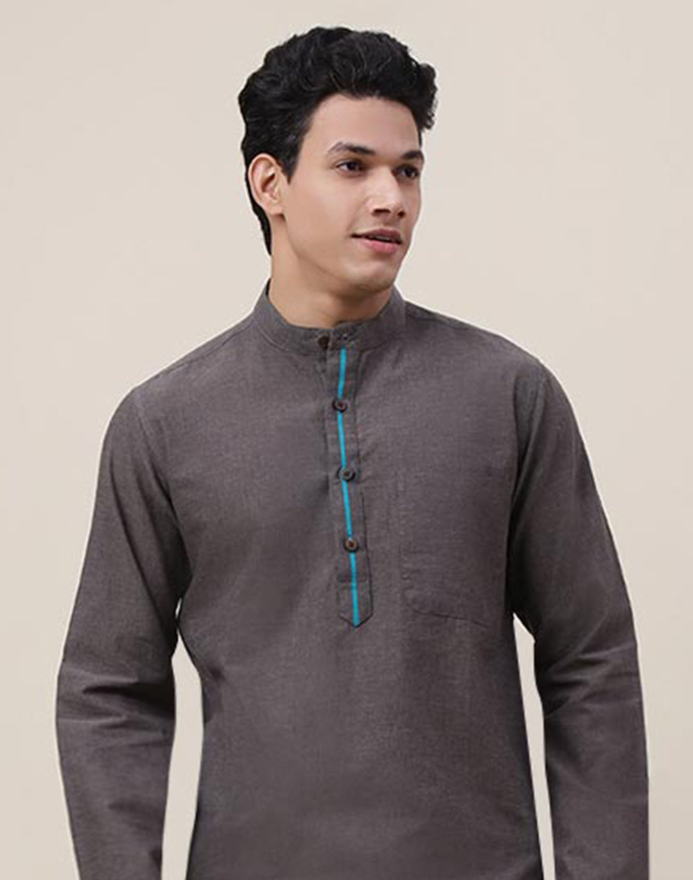 Grey Cotton Woven Slim Fit Long Kurta