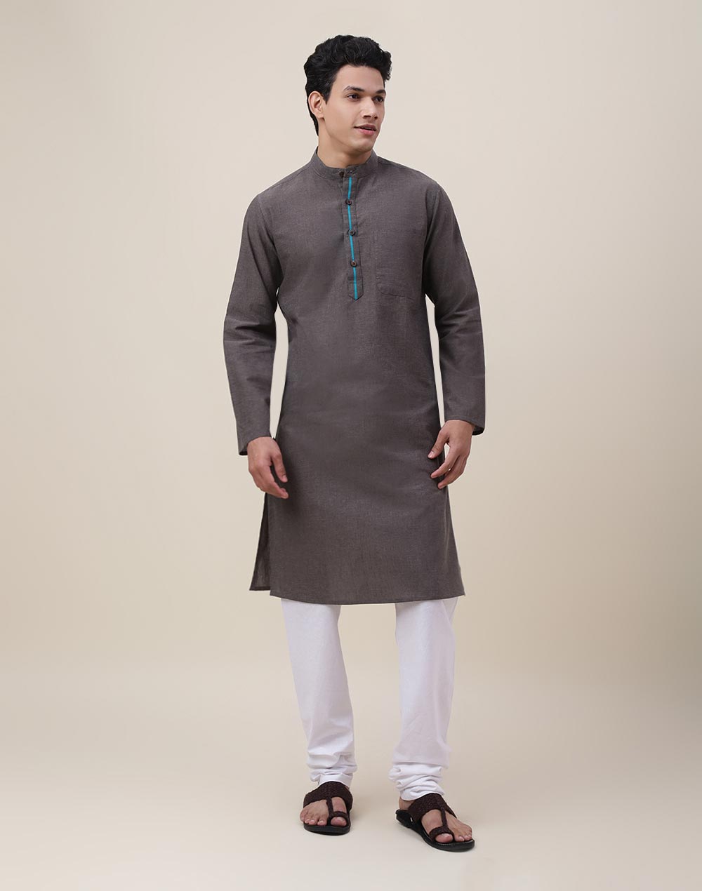 Grey Cotton Woven Slim Fit Long Kurta