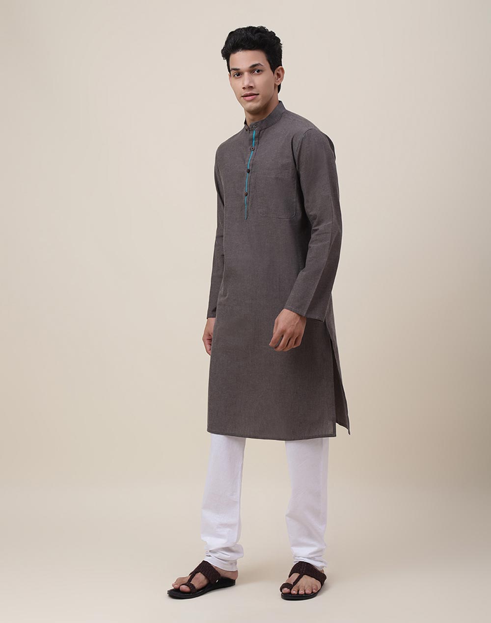 Grey Cotton Woven Slim Fit Long Kurta