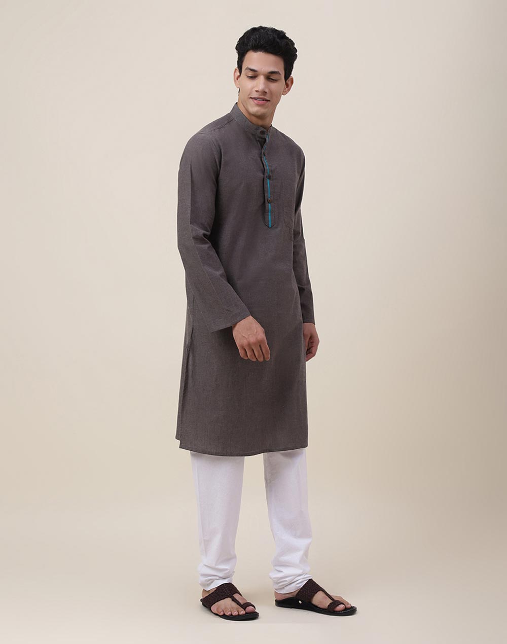 Grey Cotton Woven Slim Fit Long Kurta