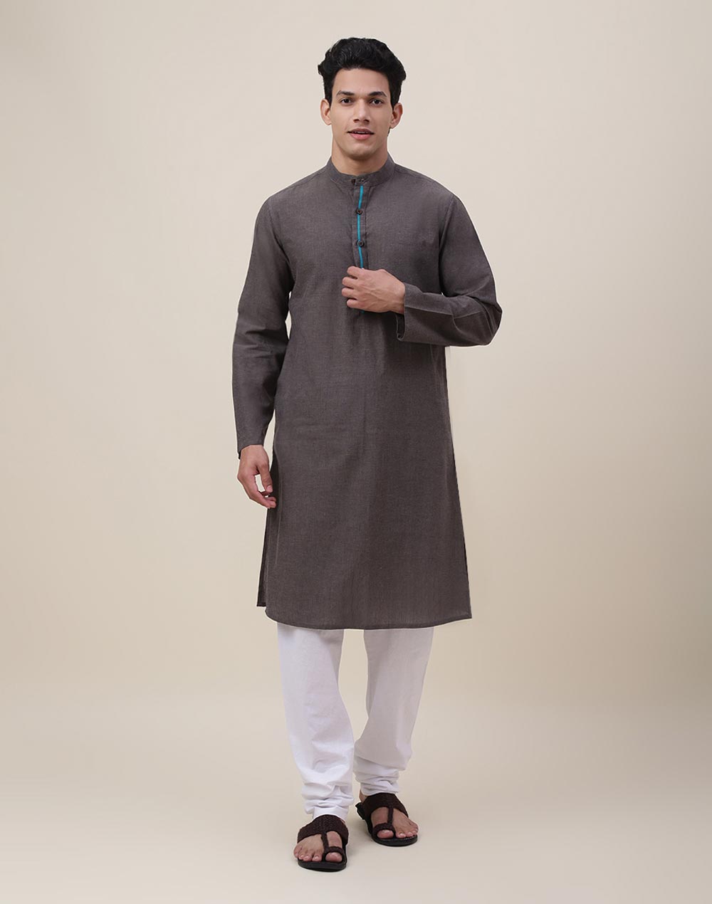 Grey Cotton Woven Slim Fit Long Kurta