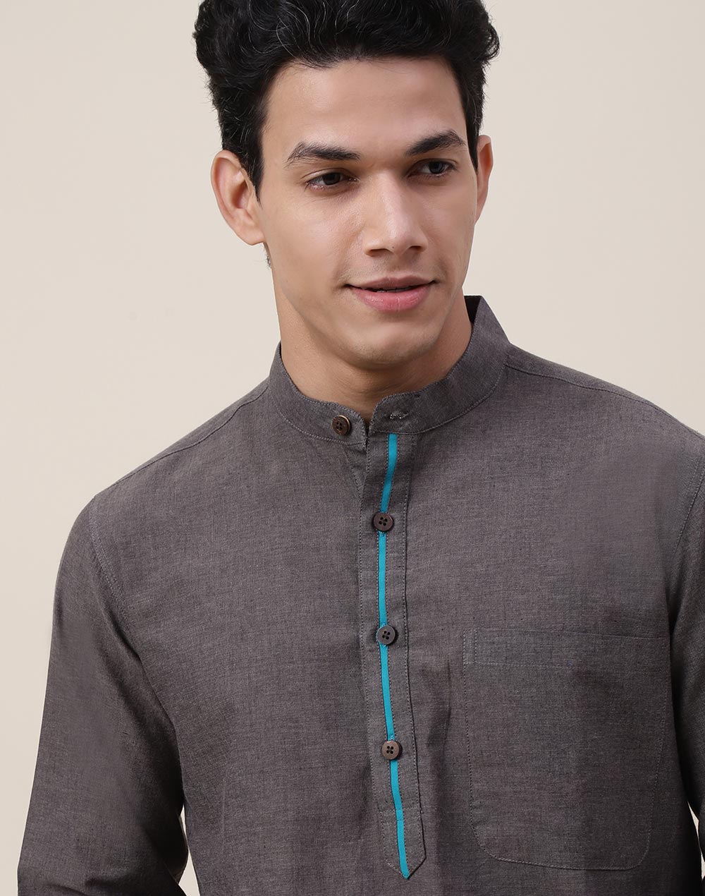Grey Cotton Woven Slim Fit Long Kurta