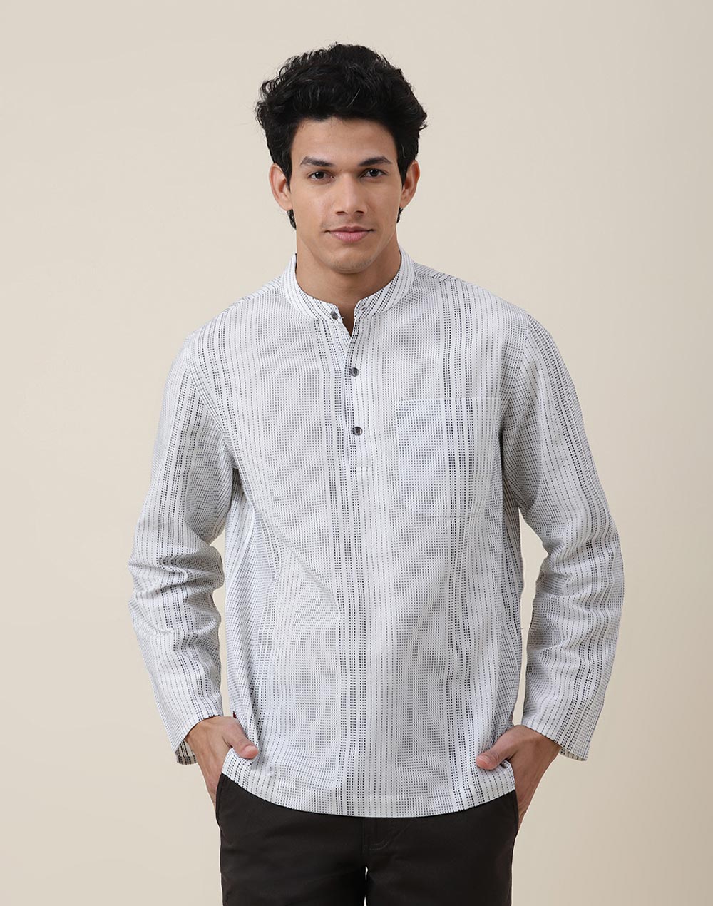 WHITE COTTON STRIPED MID PLACKET SHIRT