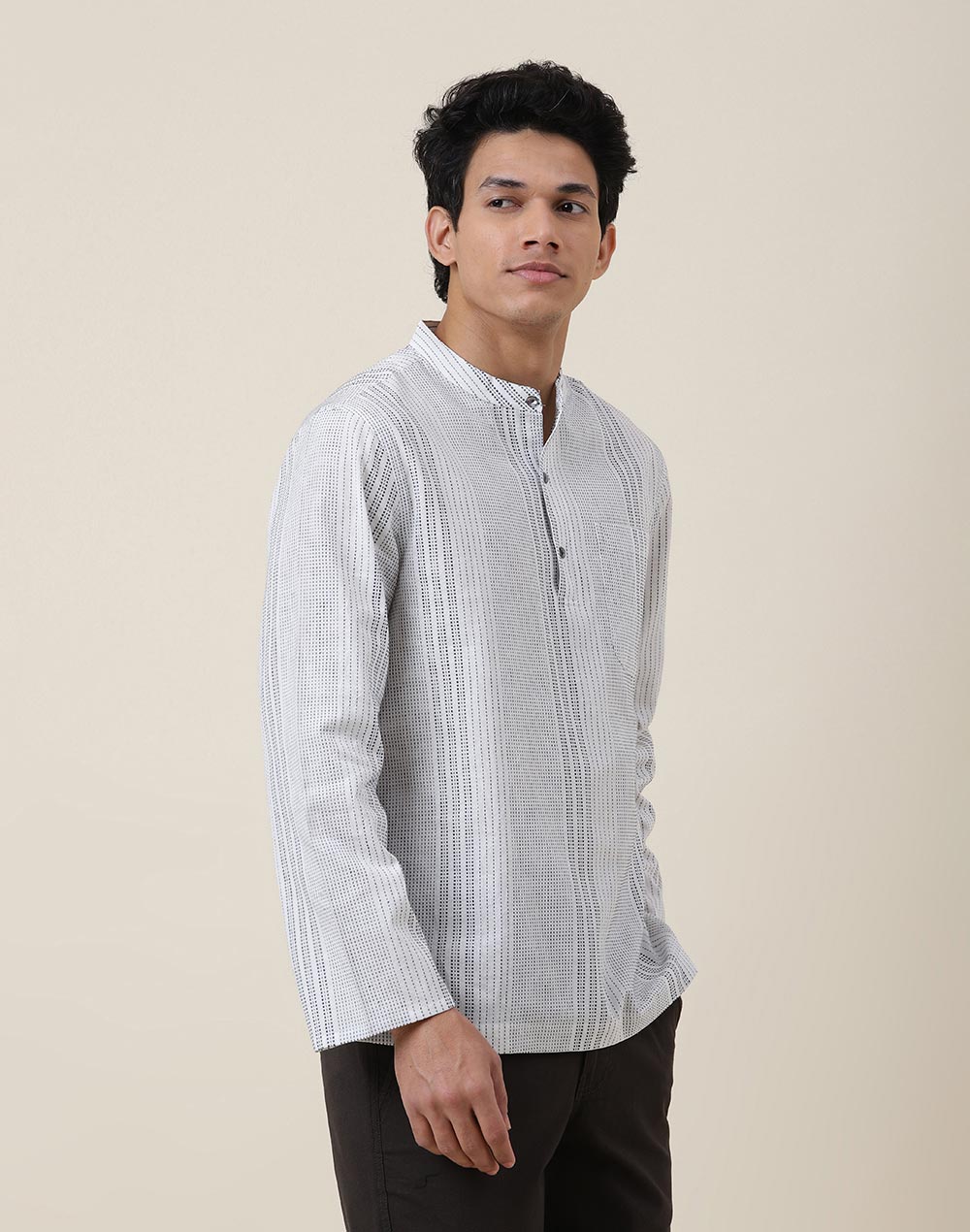 WHITE COTTON STRIPED MID PLACKET SHIRT