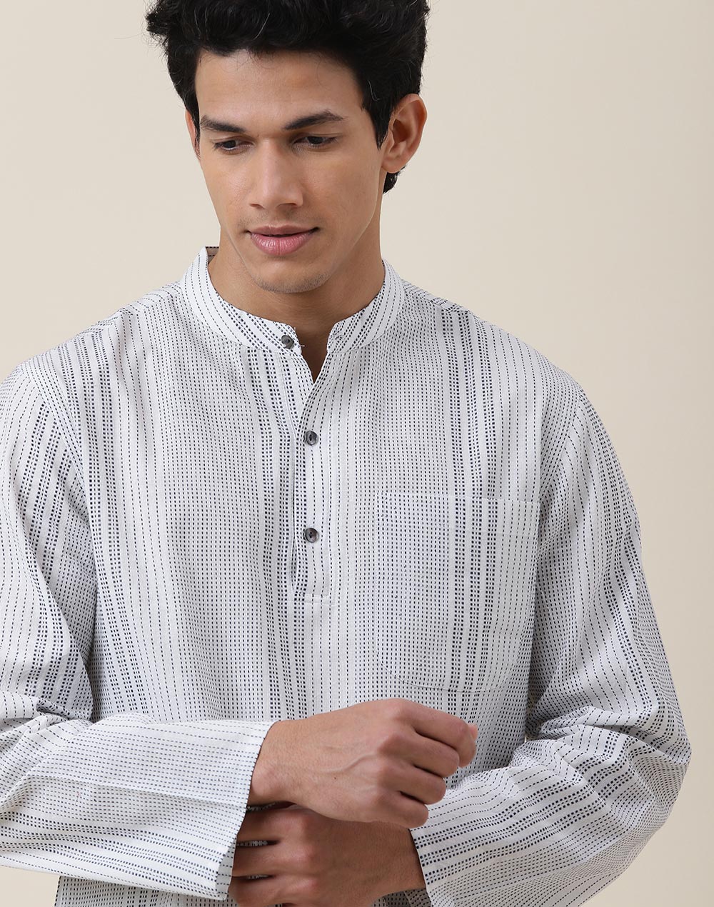 WHITE COTTON STRIPED MID PLACKET SHIRT