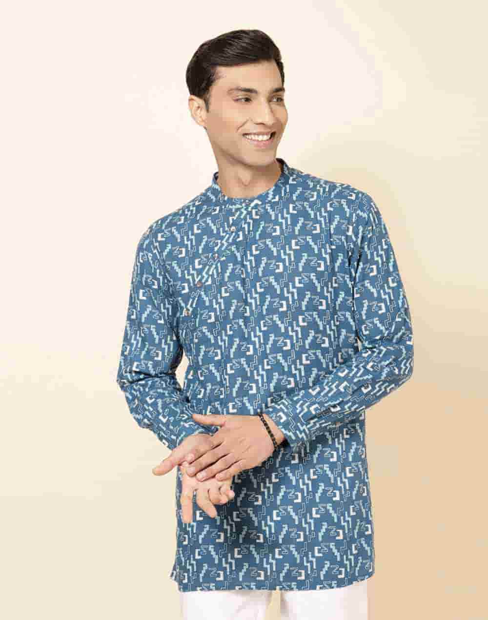 BLUE COTTON PRINTED SLIM FIT SHORT KURTA