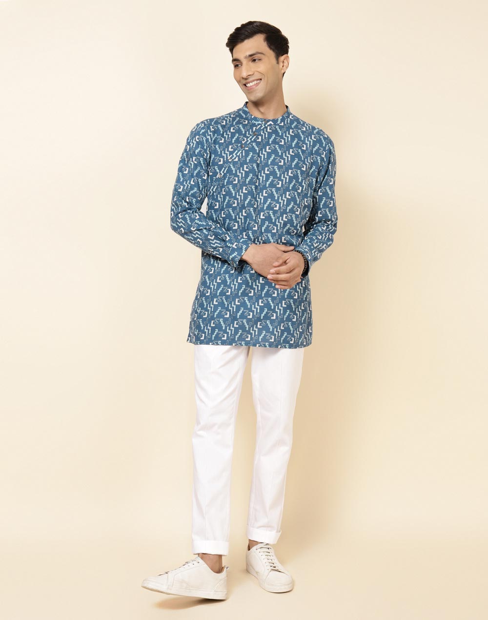 BLUE COTTON PRINTED SLIM FIT SHORT KURTA