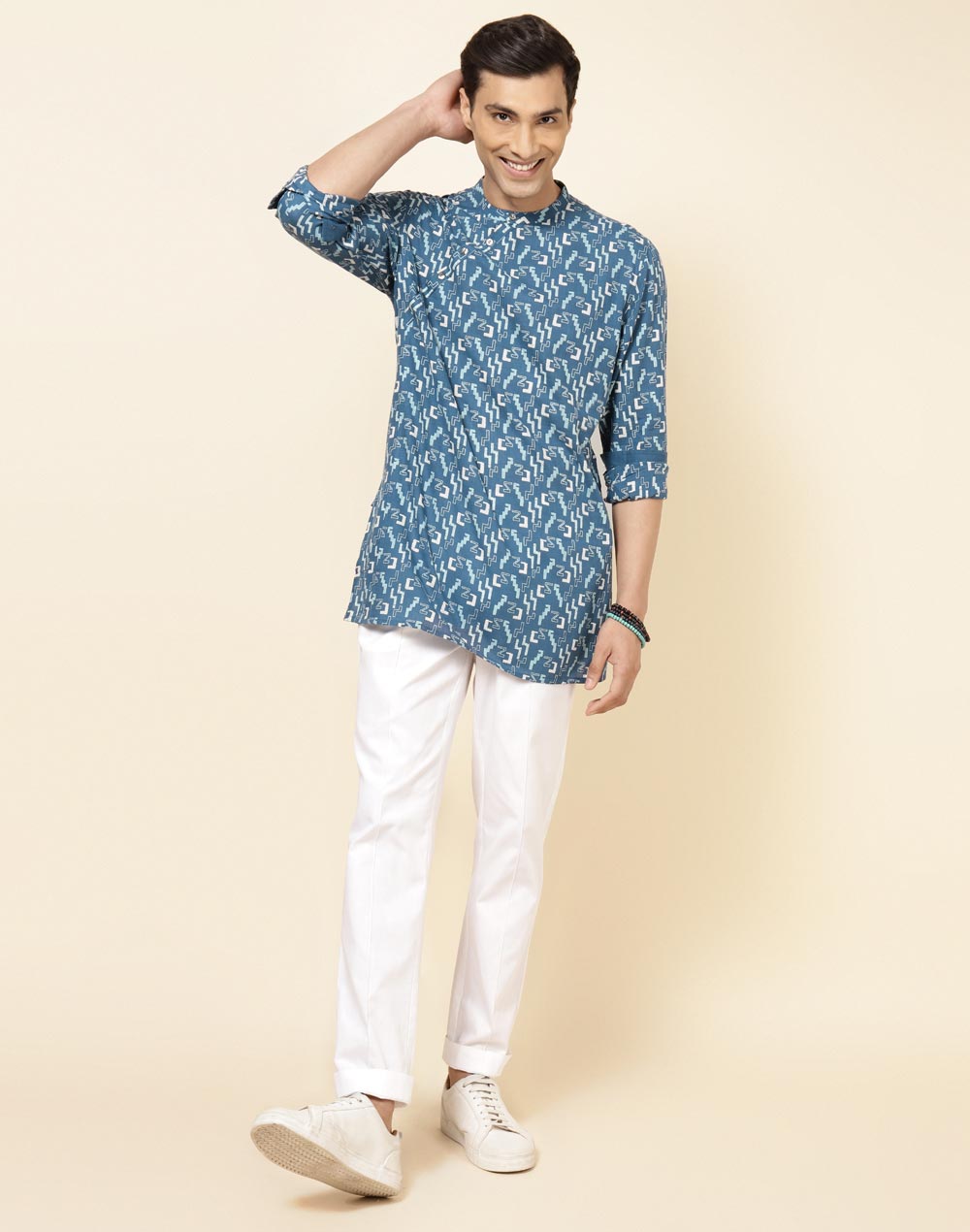 BLUE COTTON PRINTED SLIM FIT SHORT KURTA