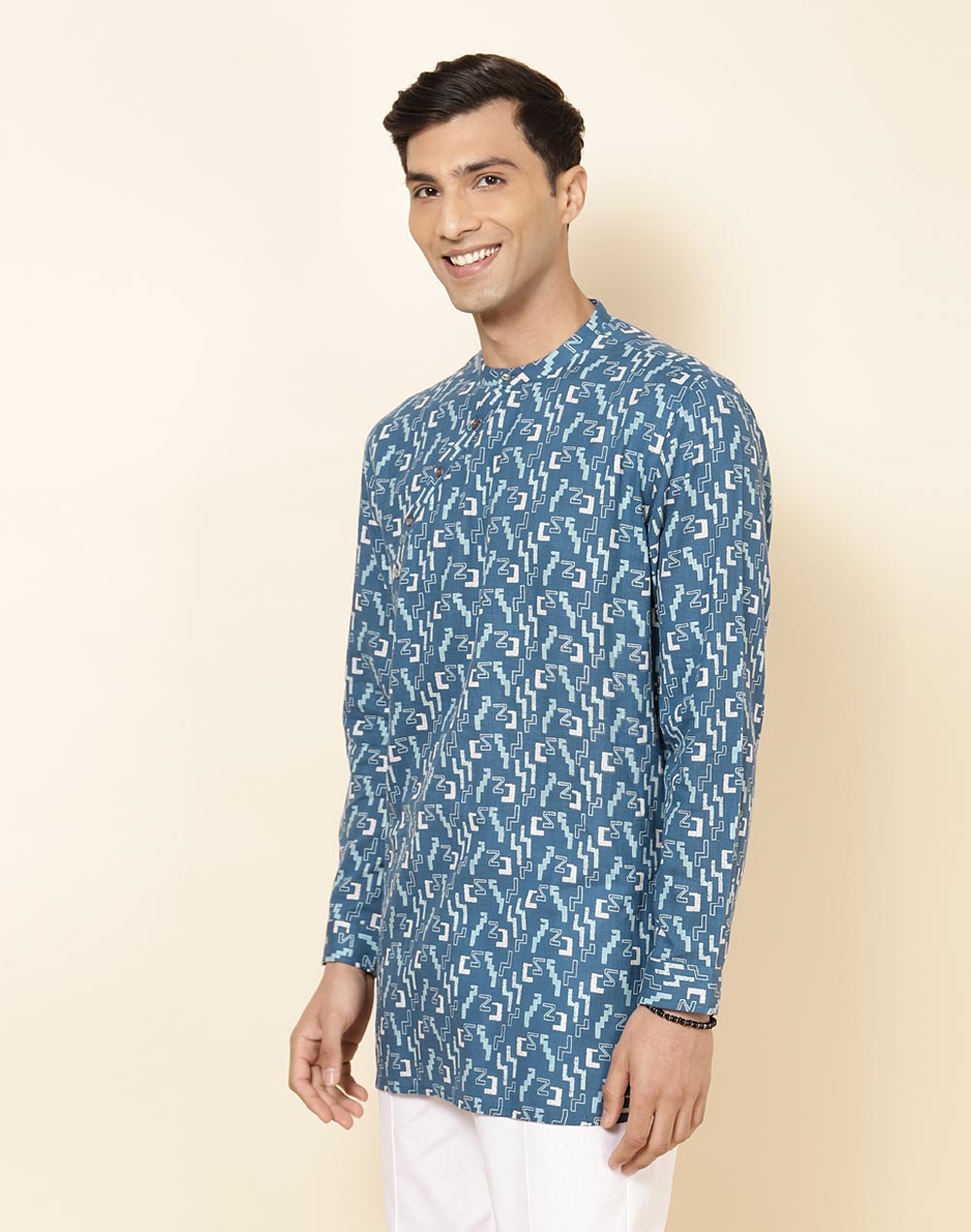 BLUE COTTON PRINTED SLIM FIT SHORT KURTA