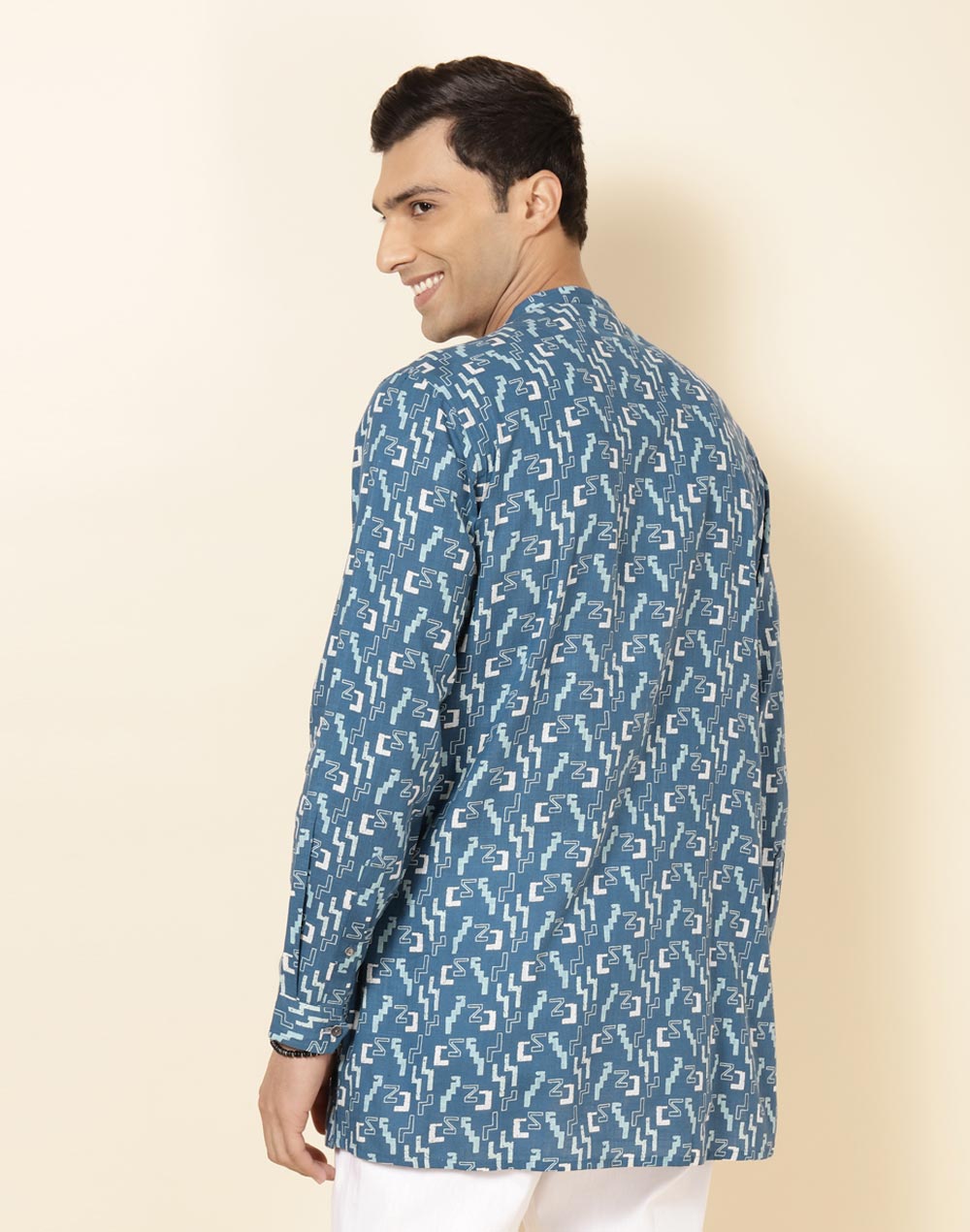 BLUE COTTON PRINTED SLIM FIT SHORT KURTA