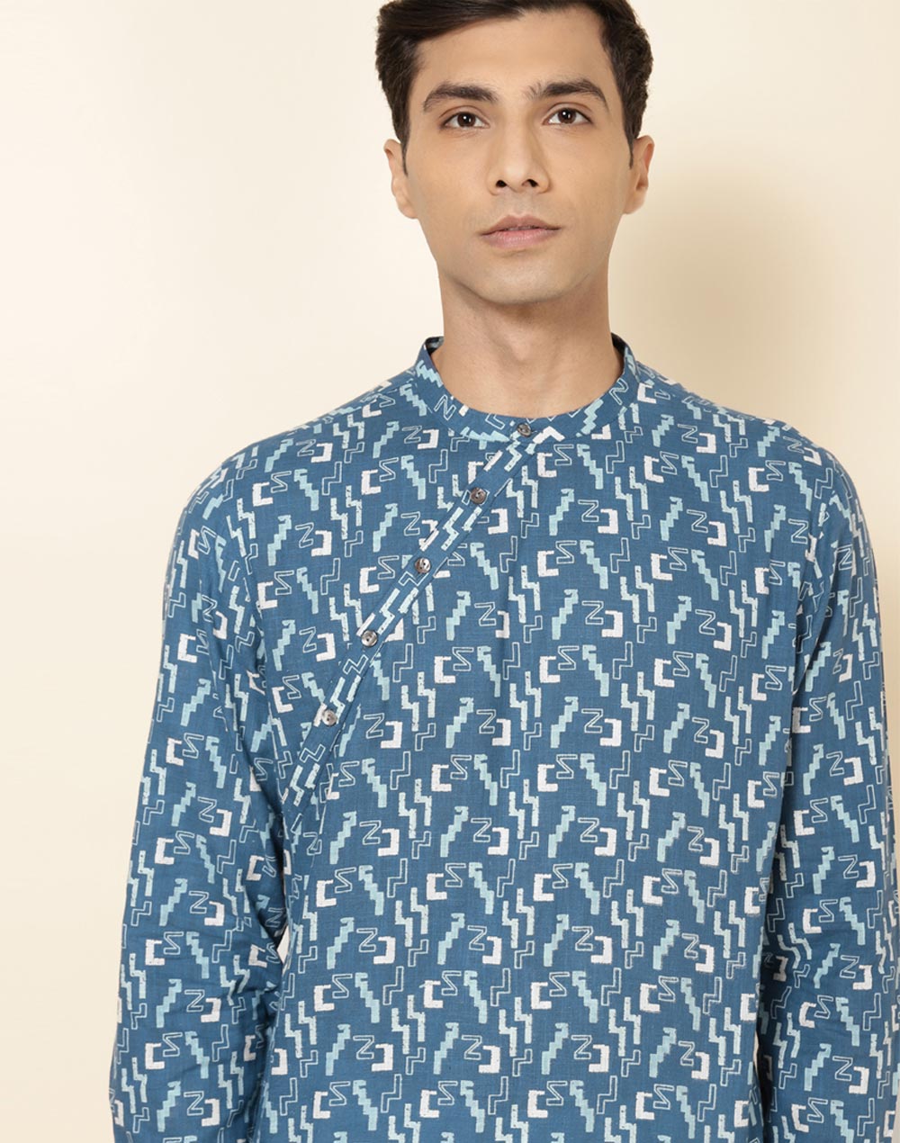 BLUE COTTON PRINTED SLIM FIT SHORT KURTA