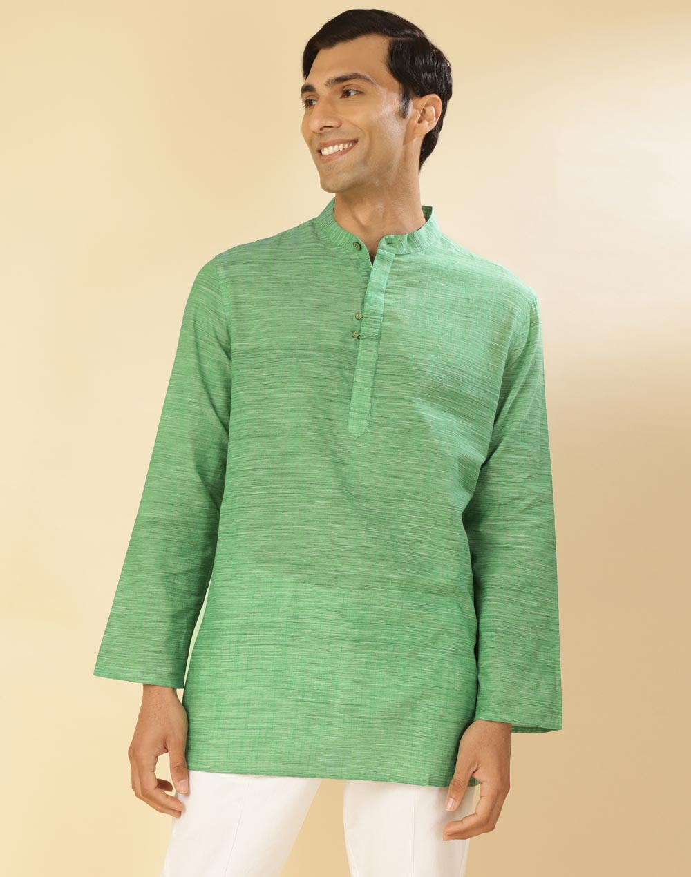 GREEN COTTON WOVEN SHORT KURTA