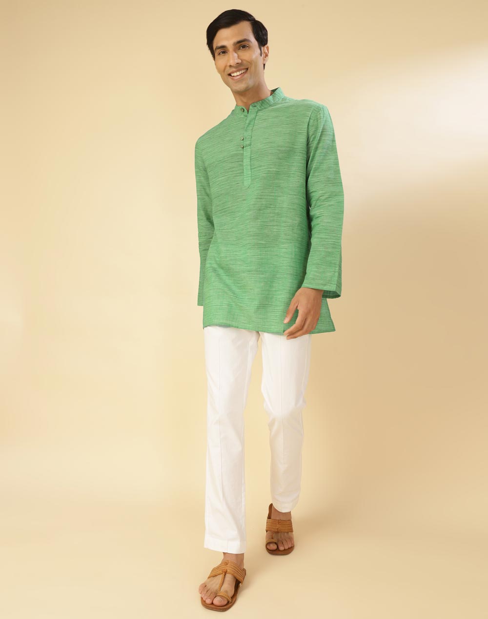 GREEN COTTON WOVEN SHORT KURTA