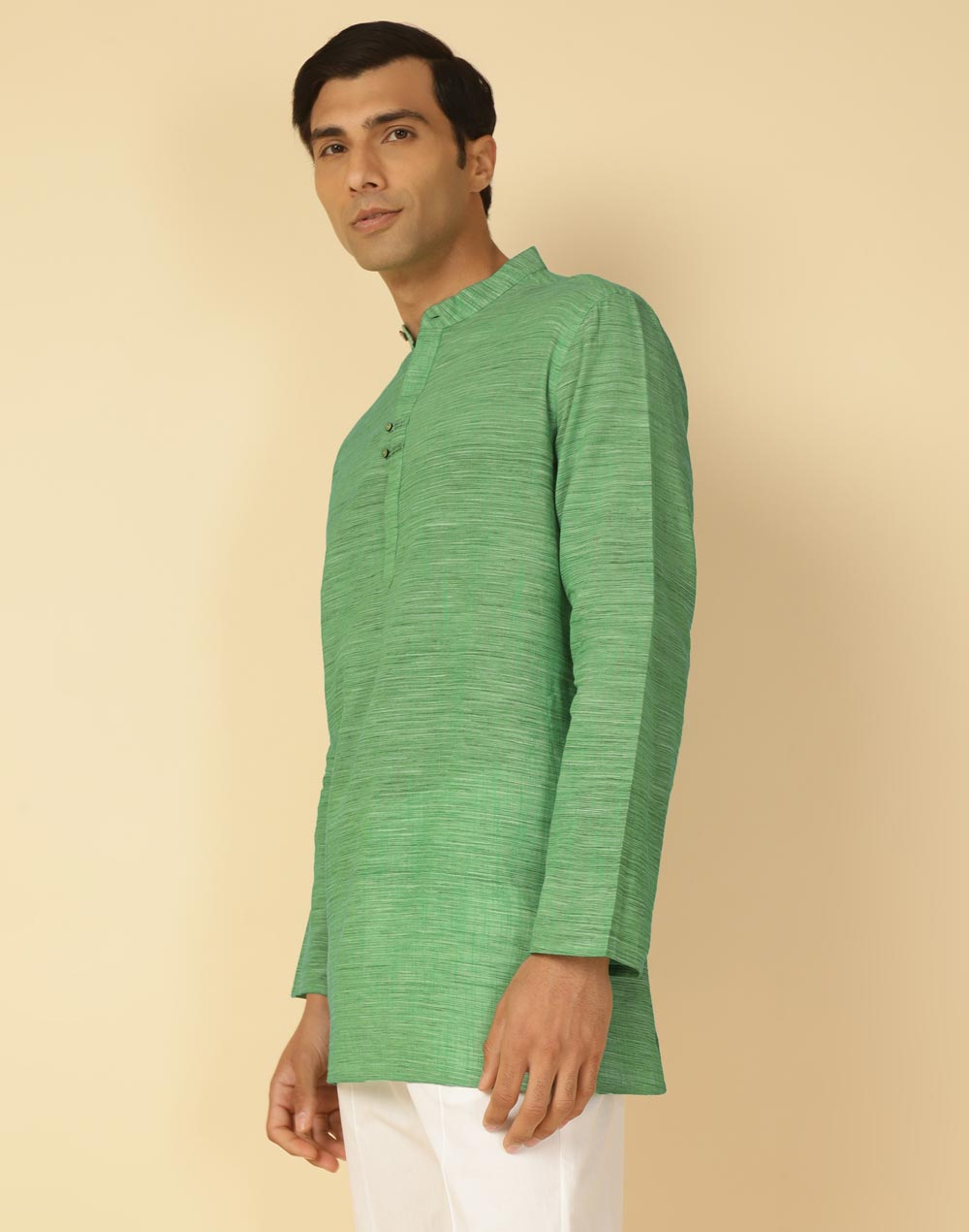 GREEN COTTON WOVEN SHORT KURTA