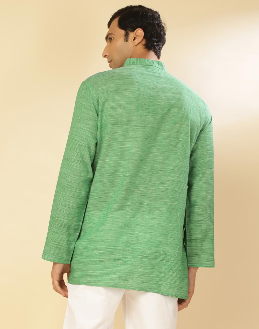 GREEN COTTON WOVEN SHORT KURTA