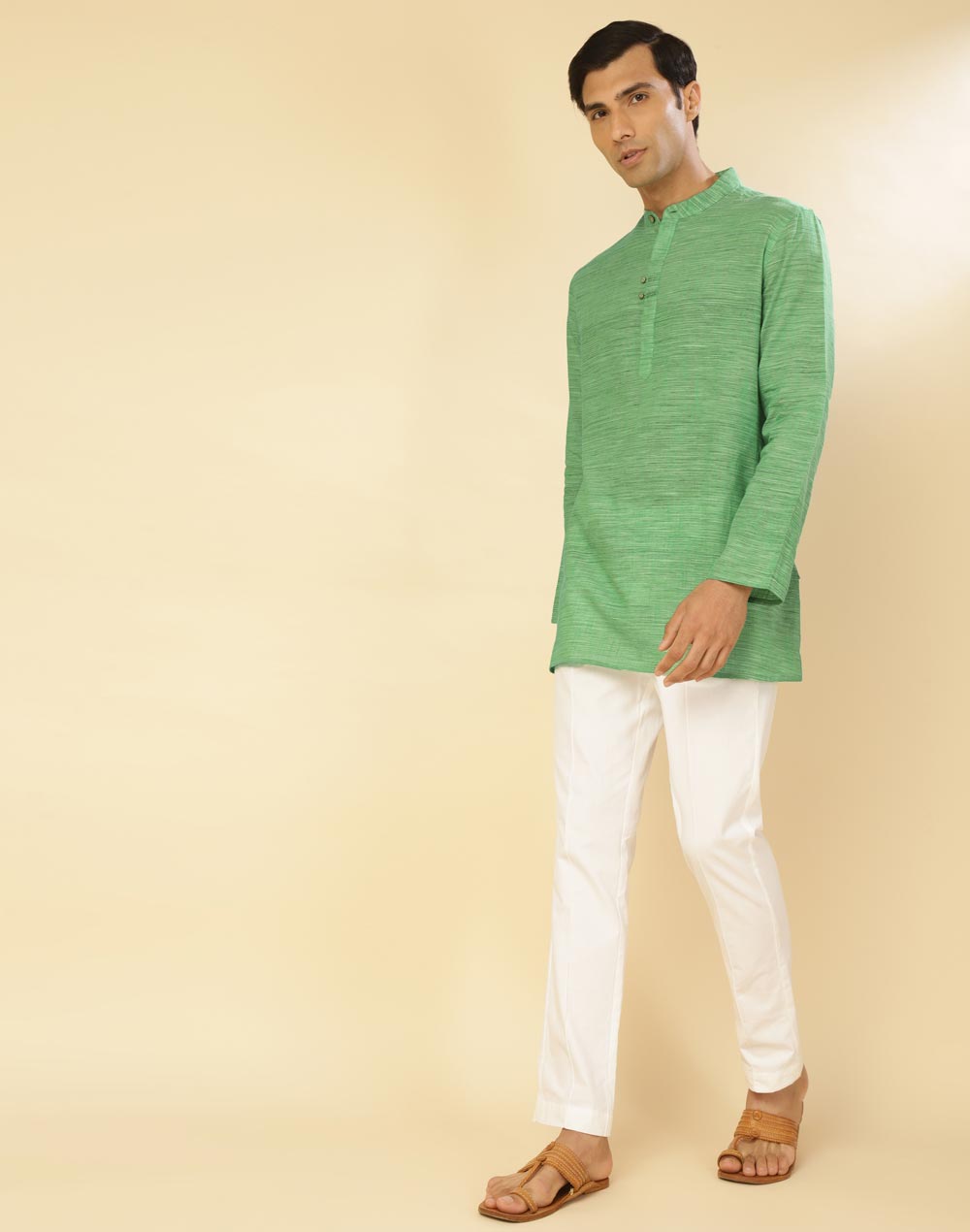 GREEN COTTON WOVEN SHORT KURTA