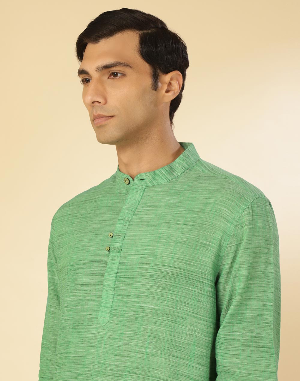 GREEN COTTON WOVEN SHORT KURTA