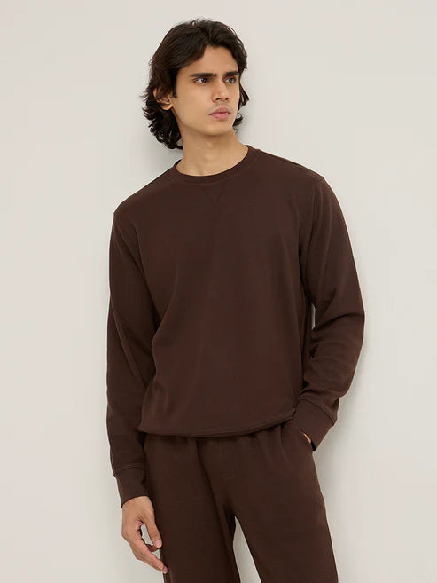 BHAYLA'S DARK BROWN WAFFLE-TEXTURE RELAXED-FIT SWEATSHIRT