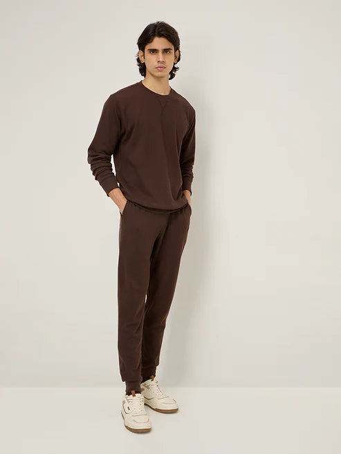 BHAYLA'S DARK BROWN WAFFLE-TEXTURE RELAXED-FIT SWEATSHIRT