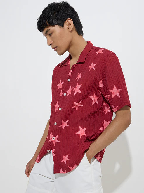 BHAYLA'S RED STAR-PRINT SELF-TEXTURED RELAXED-FIT SHIRT