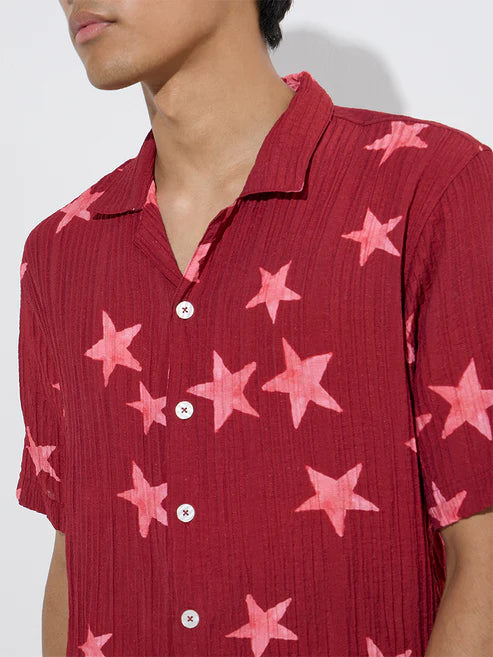 BHAYLA'S RED STAR-PRINT SELF-TEXTURED RELAXED-FIT SHIRT