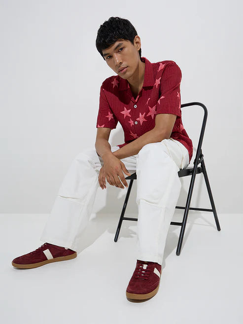 BHAYLA'S RED STAR-PRINT SELF-TEXTURED RELAXED-FIT SHIRT
