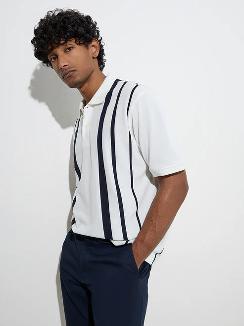 BHAYLA'S WHITE STRIPED COTTON-BLEND POLO T-SHIRT