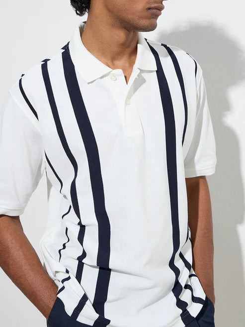 BHAYLA'S WHITE STRIPED COTTON-BLEND POLO T-SHIRT