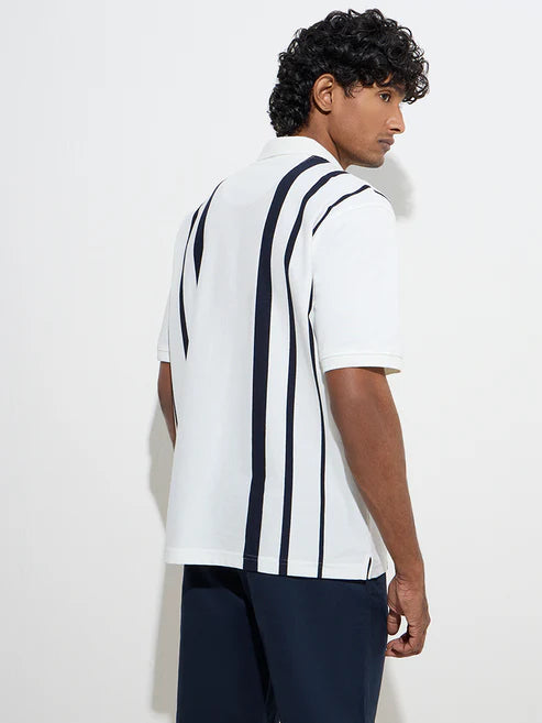 BHAYLA'S WHITE STRIPED COTTON-BLEND POLO T-SHIRT