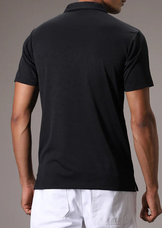 BHAYLA'S BLACK PLAIN RIBBED POLO T-SHIRT