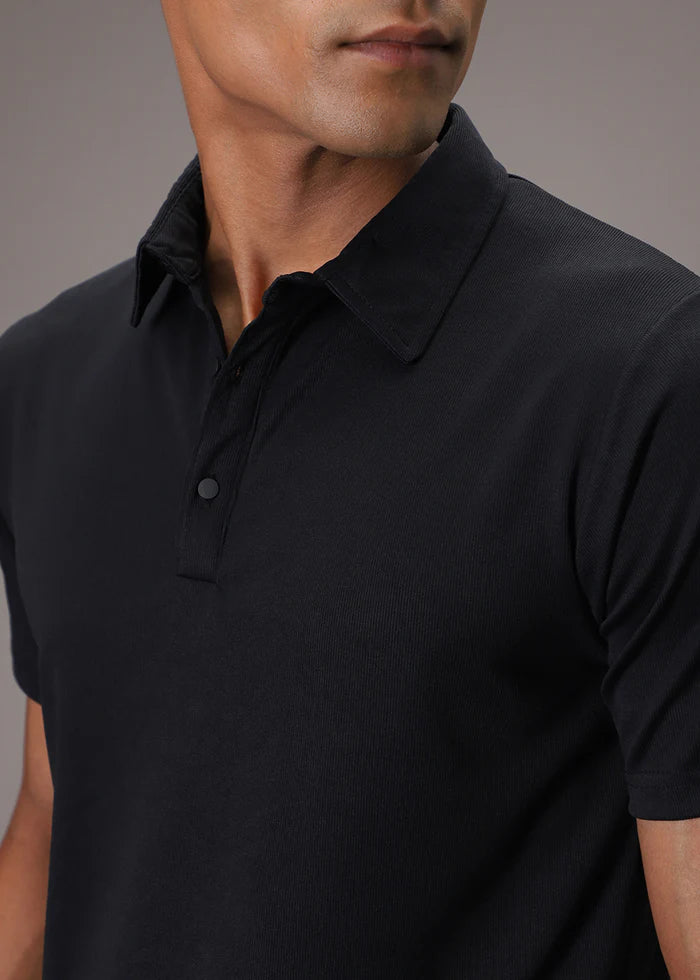 BHAYLA'S BLACK PLAIN RIBBED POLO T-SHIRT