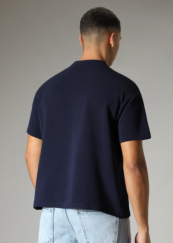 BHAYLA'S OVERSIZED NAVY BLUE PLAIN TEXTURED T-SHIRT