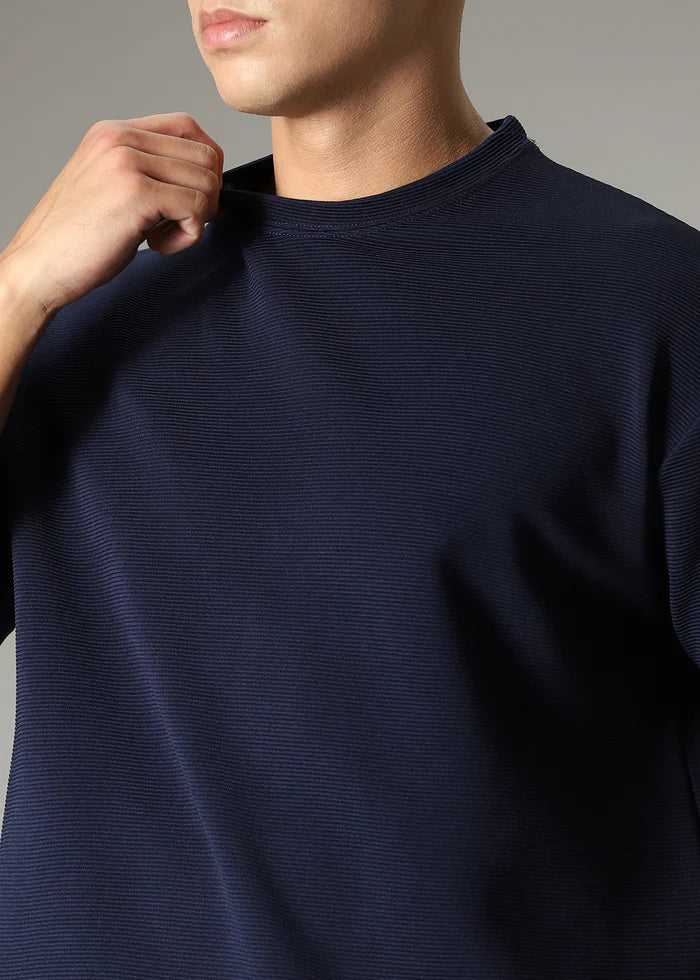 BHAYLA'S OVERSIZED NAVY BLUE PLAIN TEXTURED T-SHIRT