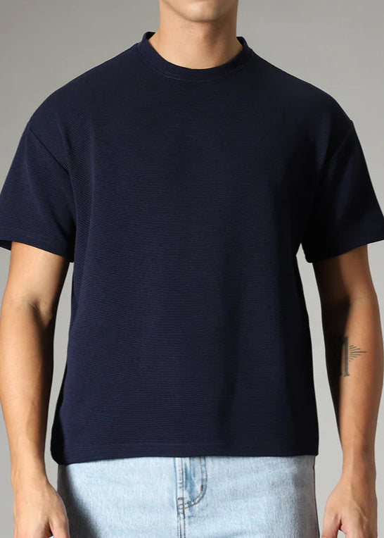 BHAYLA'S OVERSIZED NAVY BLUE PLAIN TEXTURED T-SHIRT