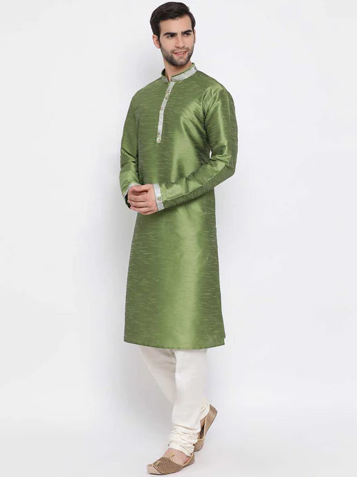MEN'S GREEN SILK KURTA PYJAMA SET