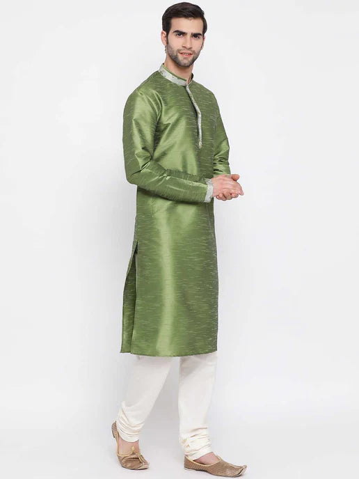 MEN'S GREEN SILK KURTA PYJAMA SET