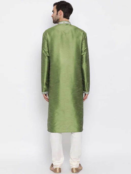 MEN'S GREEN SILK KURTA PYJAMA SET