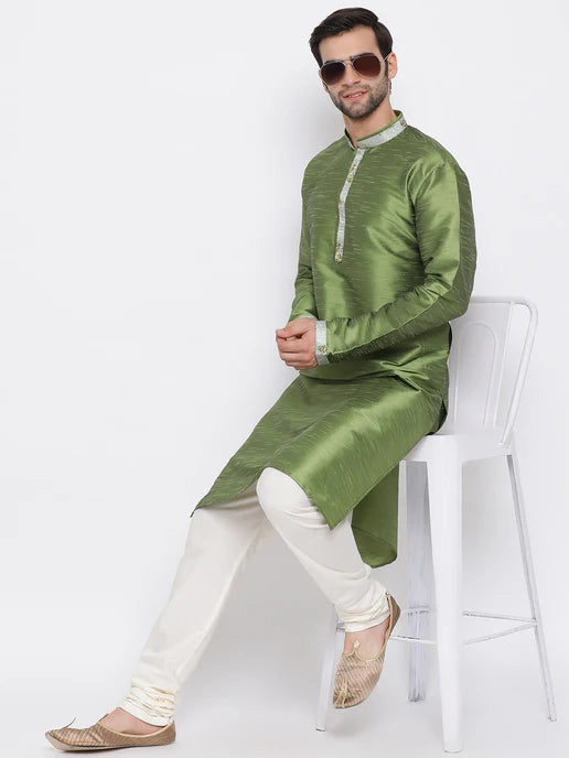 MEN'S GREEN SILK KURTA PYJAMA SET