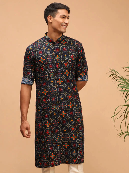 BLUE PRINTED RAYON SILK KURTA