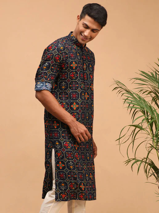 BLUE PRINTED RAYON SILK KURTA