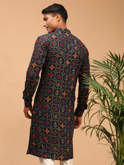 BLUE PRINTED RAYON SILK KURTA