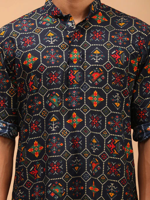 BLUE PRINTED RAYON SILK KURTA