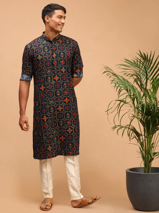 BLUE PRINTED RAYON SILK KURTA
