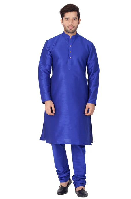 MEN'S BLUE COTTON SILK BLEND KURTA AND PYJAMA SET