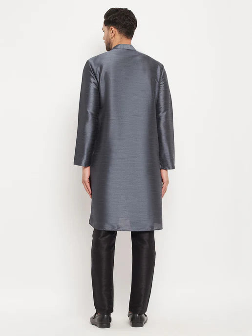 MEN'S GREY COTTON SILK BLEND KURTA AND BLACK PANT STYLE PYJAMA SET