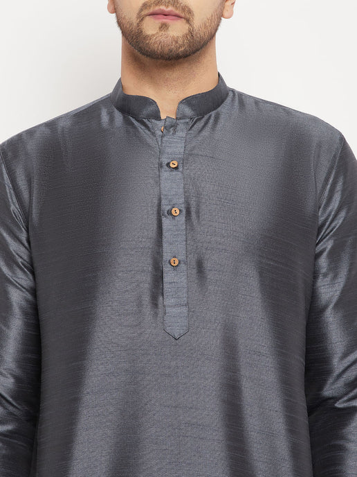MEN'S GREY COTTON SILK BLEND KURTA AND BLACK PANT STYLE PYJAMA SET