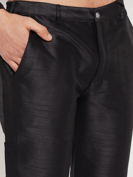 MEN'S GREY COTTON SILK BLEND KURTA AND BLACK PANT STYLE PYJAMA SET